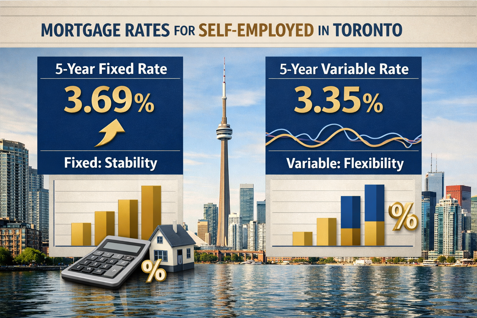Detailed landscape format (1536x1024) image showing side-by-side comparison chart of fixed versus variable mortgage rates for self-employed