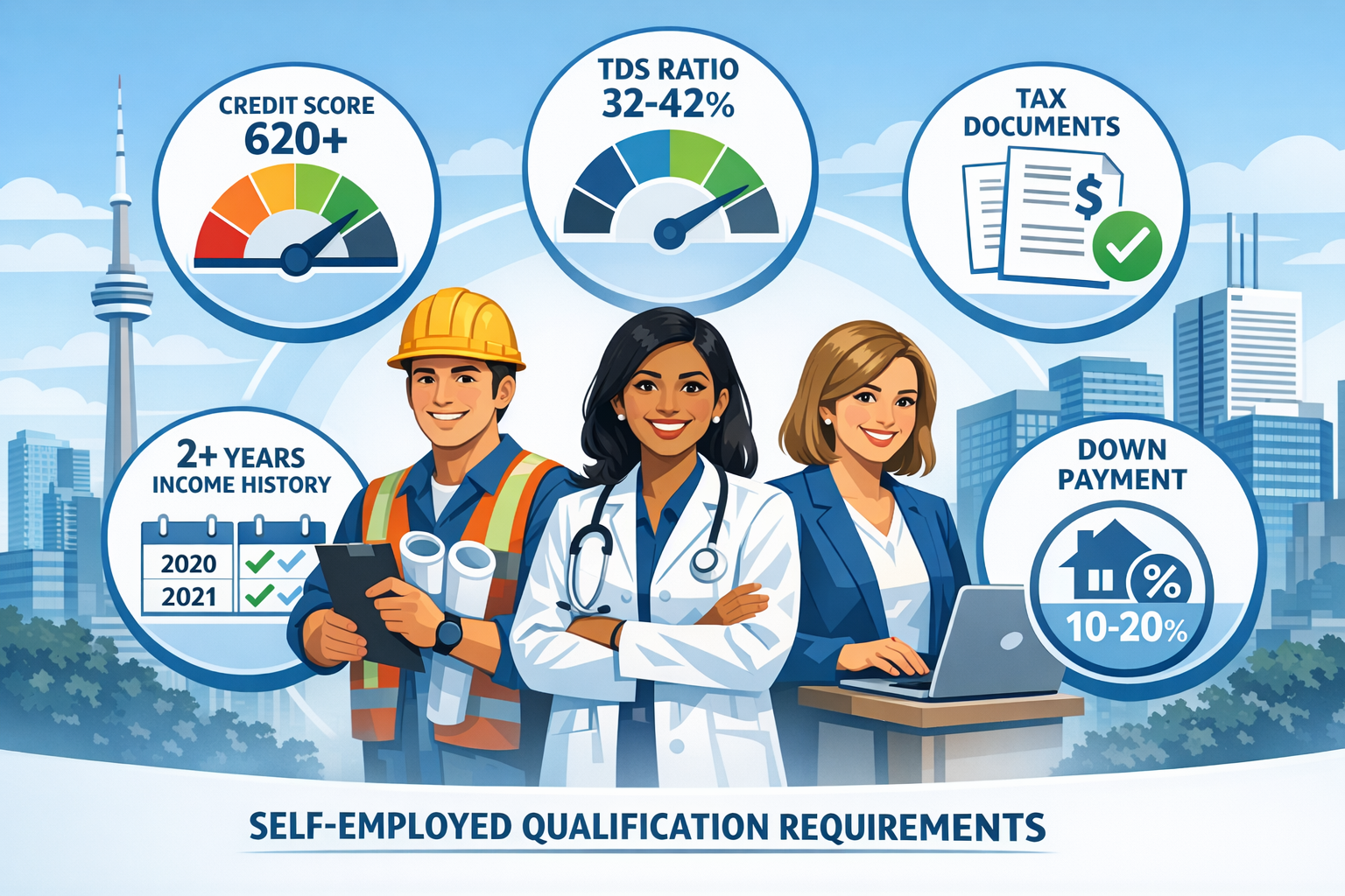 Detailed landscape format (1536x1024) image depicting self-employed professional qualification requirements visualization. Central figure sh
