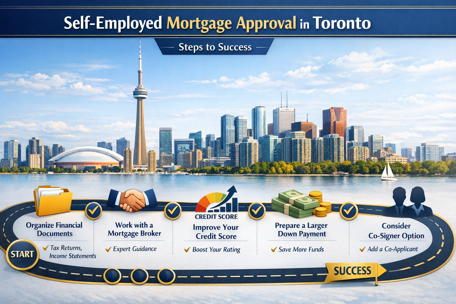Detailed landscape format (1536x1024) image illustrating strategic tips and action steps for self-employed mortgage approval in Toronto. Cen
