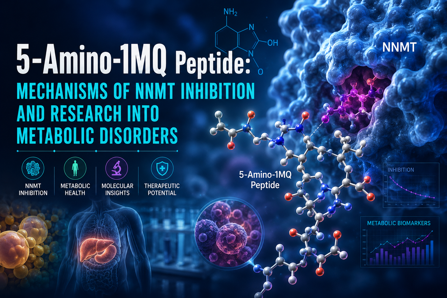 Professional landscape hero image () with : "5-Amino-1MQ Peptide: Mechanisms of NNMT Inhibition and Research into Metabolic
