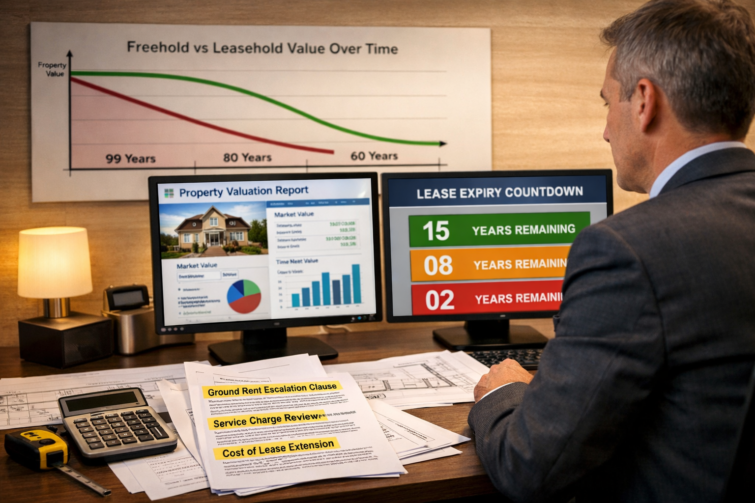 Detailed () editorial photograph showing professional chartered surveyor in business attire sitting at modern desk with dual