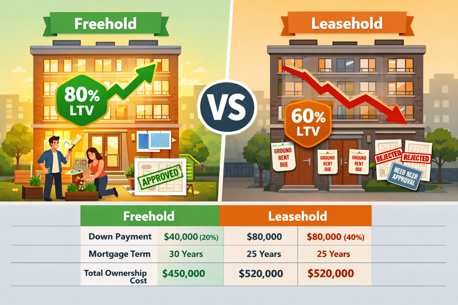 Detailed () conceptual illustration showing two identical apartment buildings side-by-side for direct comparison. Left