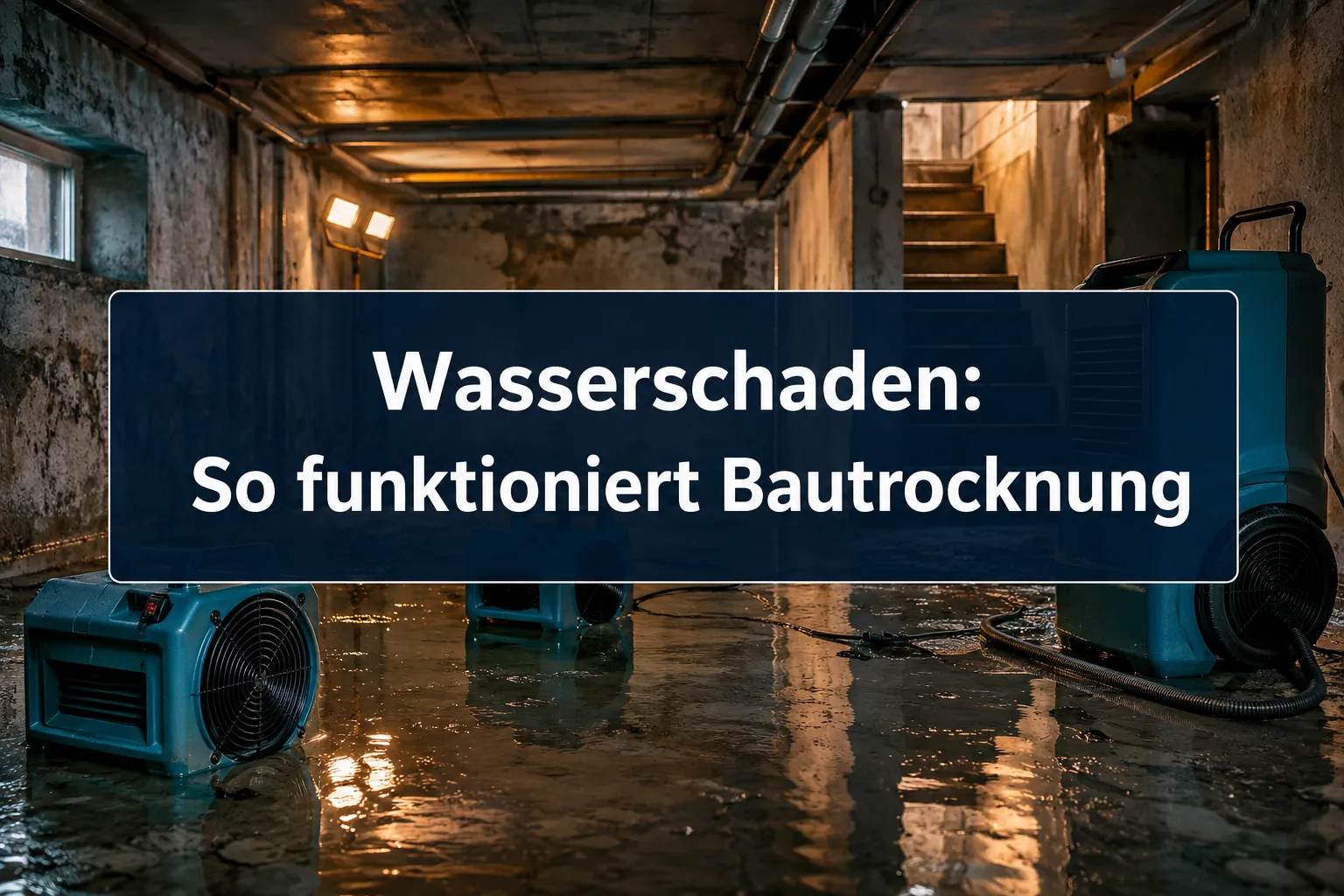 Professional () hero image with (&le;42 chars): 'Wasserschaden: So funktioniert Bautrocknung', crisp white on a deep navy