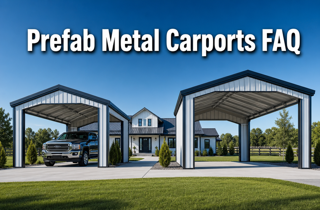 Professional () hero image featuring 'Prefab Metal Carports FAQ' in extra large white with dark drop , centered in upper