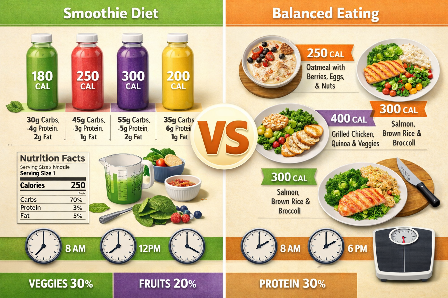 Detailed landscape infographic (1536x1024) showing visual comparison chart of smoothie-diëten versus balanced eating approach. Left side dis