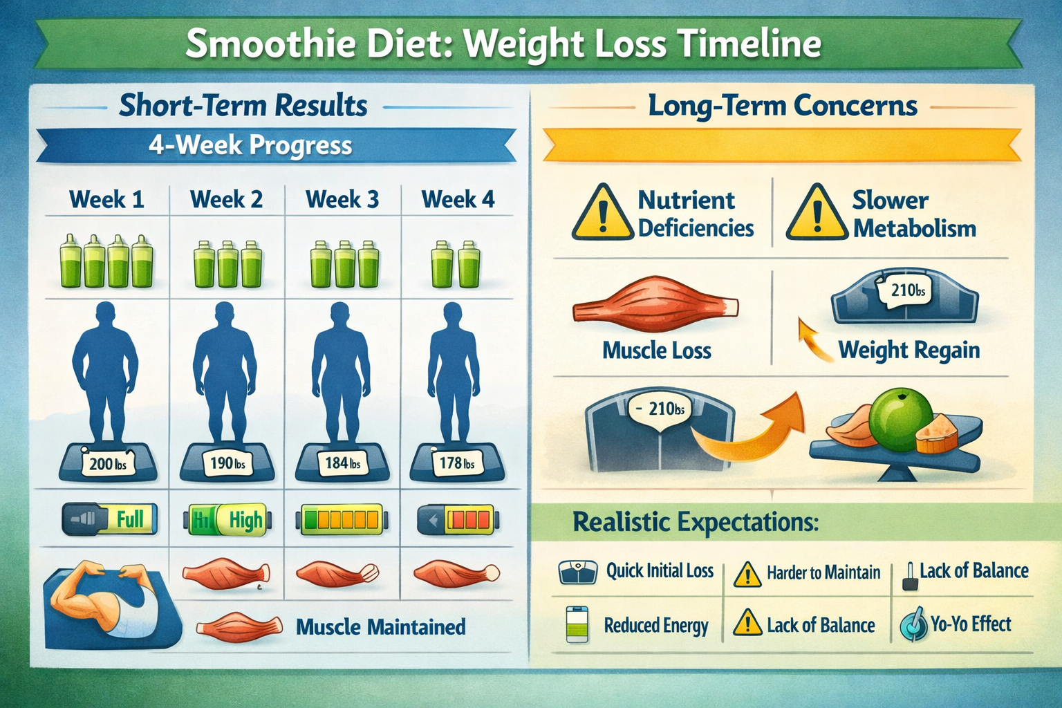 Landscape editorial image (1536x1024) depicting realistic weight loss timeline with smoothie-diëten. Visual calendar layout showing 4-week p