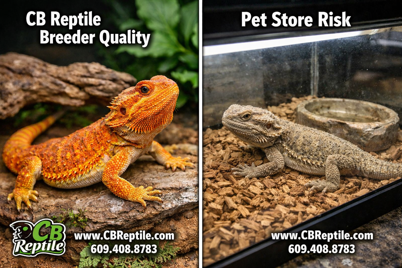 () side-by-side comparison scene: left half shows a healthy captive-bred bearded dragon with bright orange coloration, clear