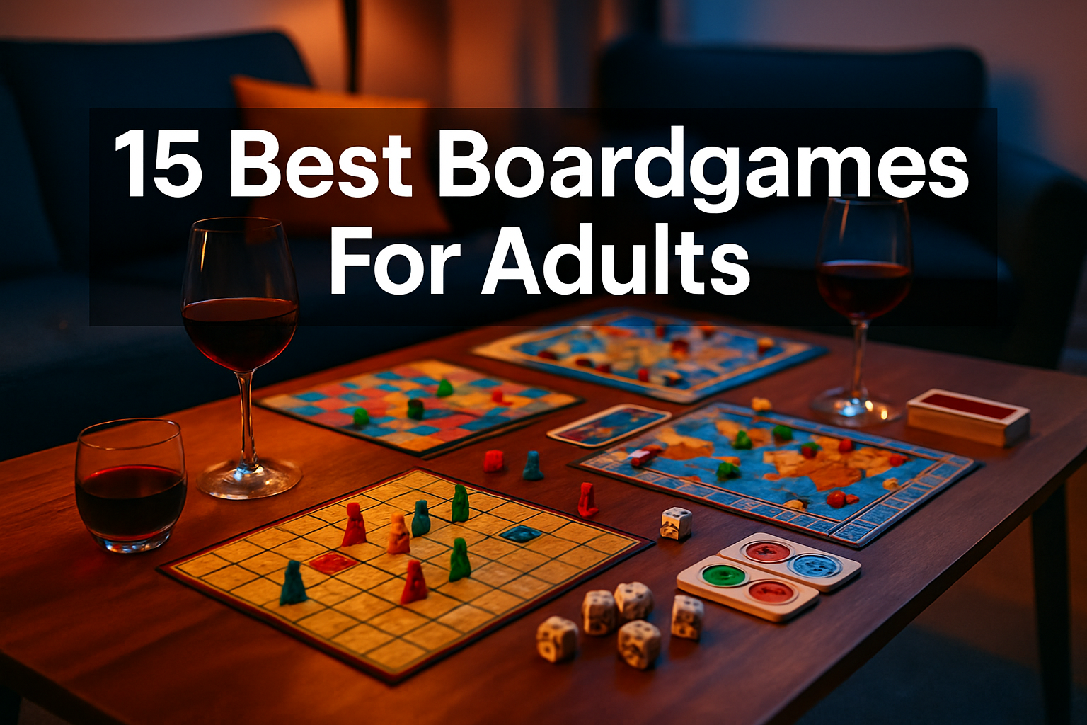 Professional landscape hero image (1536x1024) featuring bold text overlay '15 Best Boardgames For Adults' in extra large 72pt white sans-ser