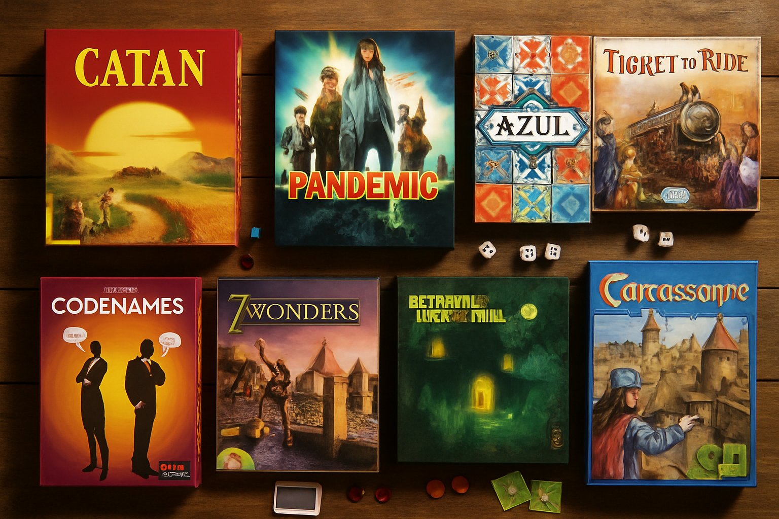 Landscape editorial image (1536x1024) displaying organized grid layout of 8-10 popular adult board game boxes arranged on rustic wooden surf