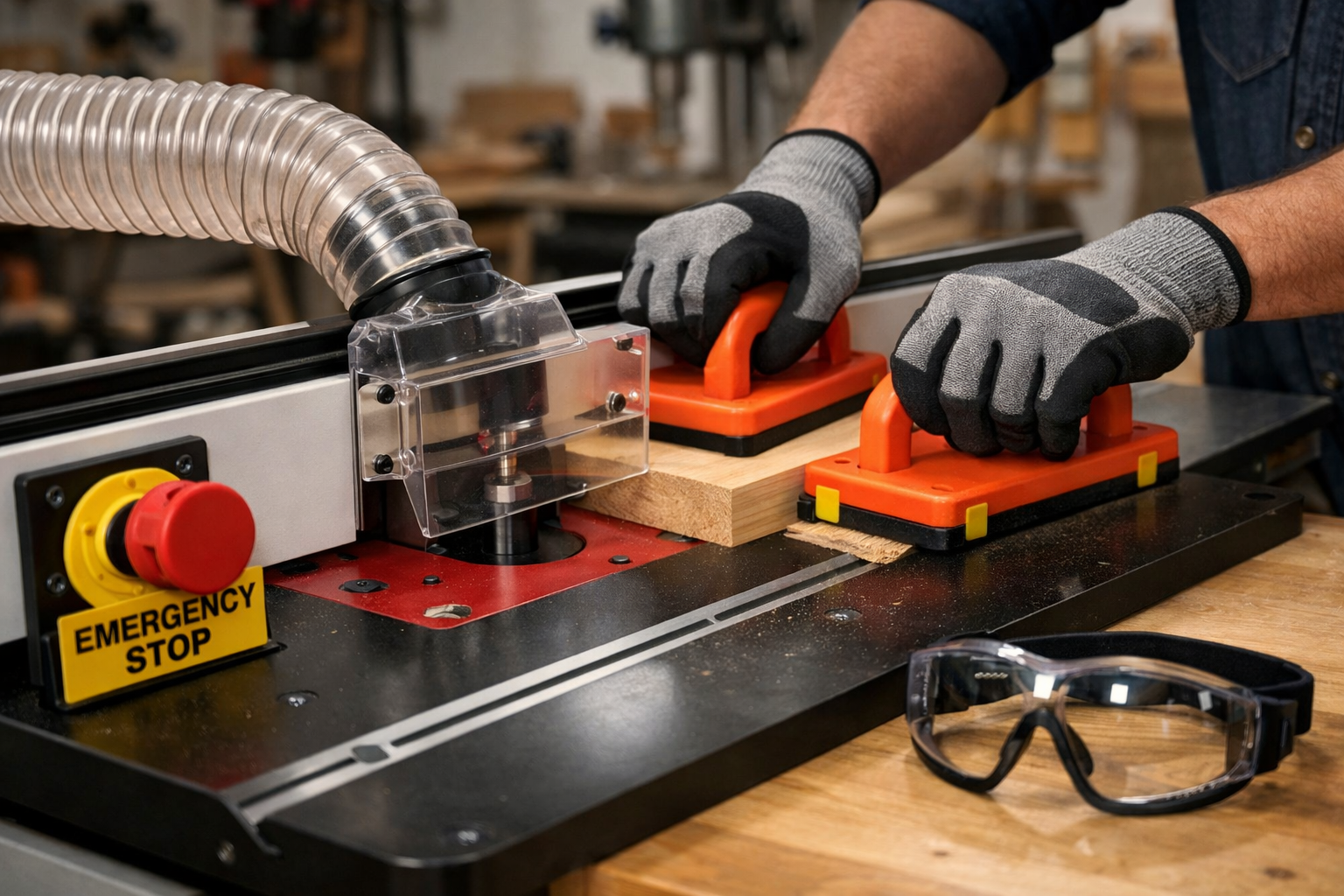 A detailed () image illustrating a woodworking shop focusing on router table safety. The composition shows a close-up of a