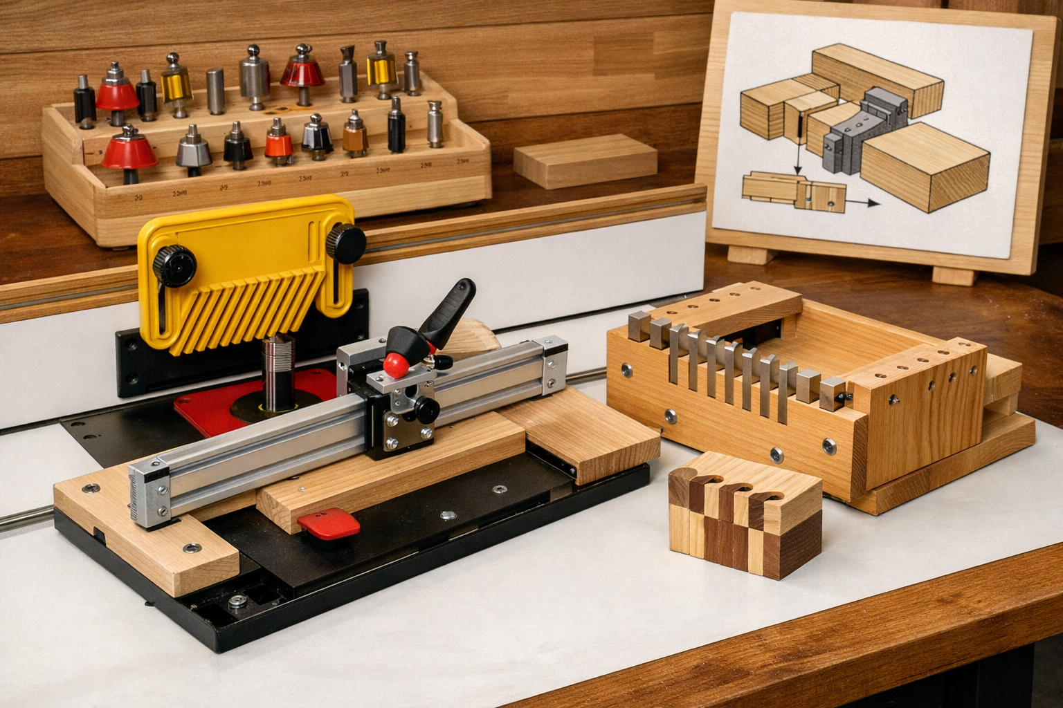 A detailed () image showcasing an array of essential router table jigs and fixtures for precision joinery. The foreground