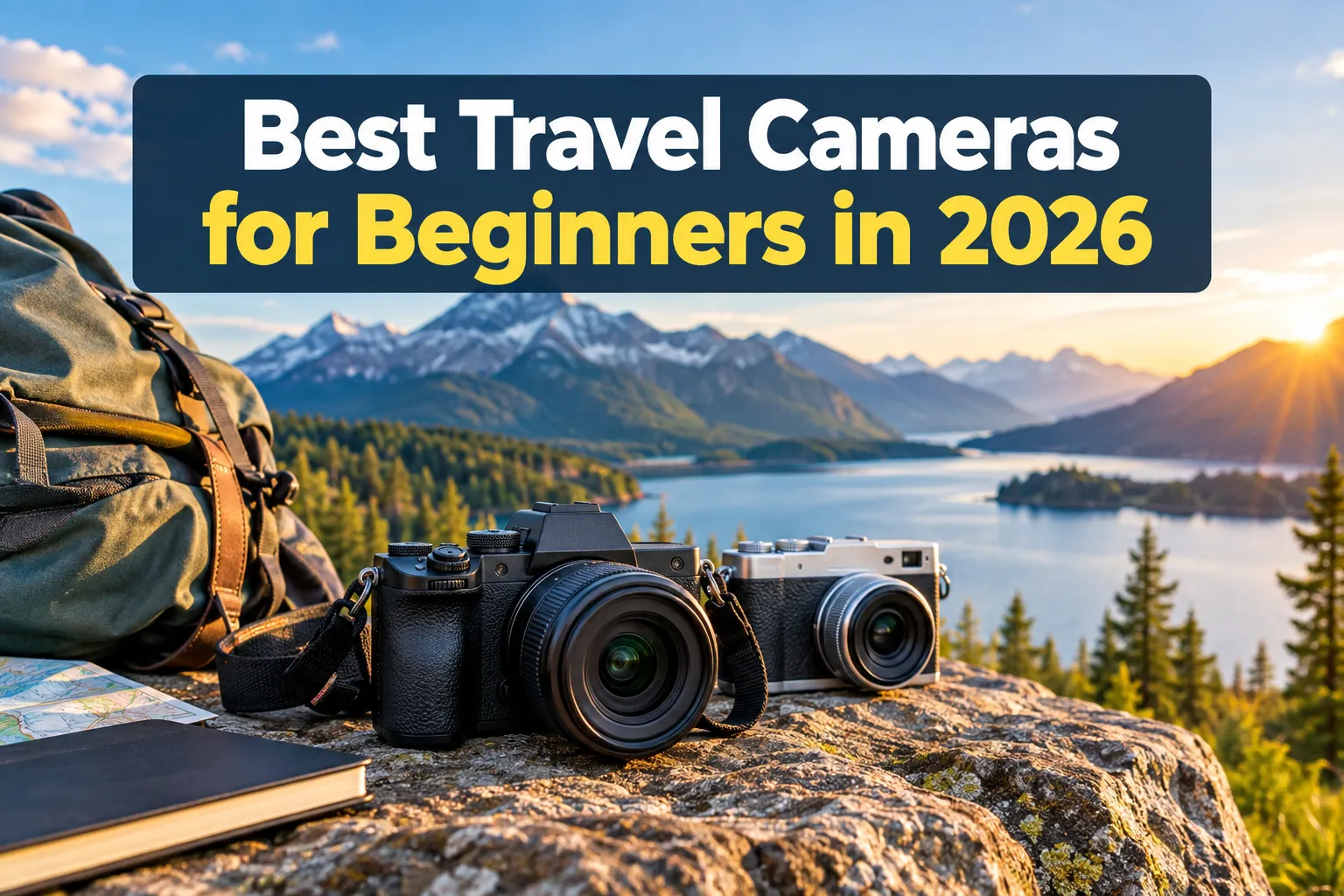 Professional landscape hero image () with a reading "Best Travel Cameras for Beginners in 2026". CRITICAL TYPOGRAPHY RULES: