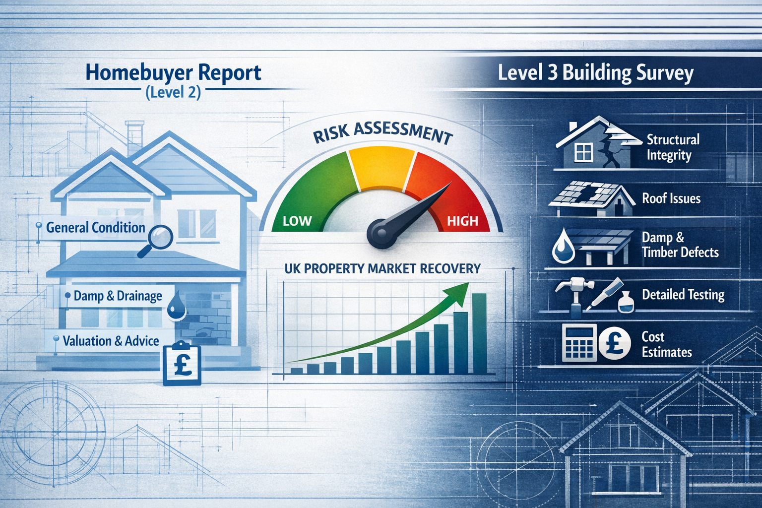 Landscape editorial infographic comparing Homebuyer Report and Level 3 Building Survey, split-screen design with