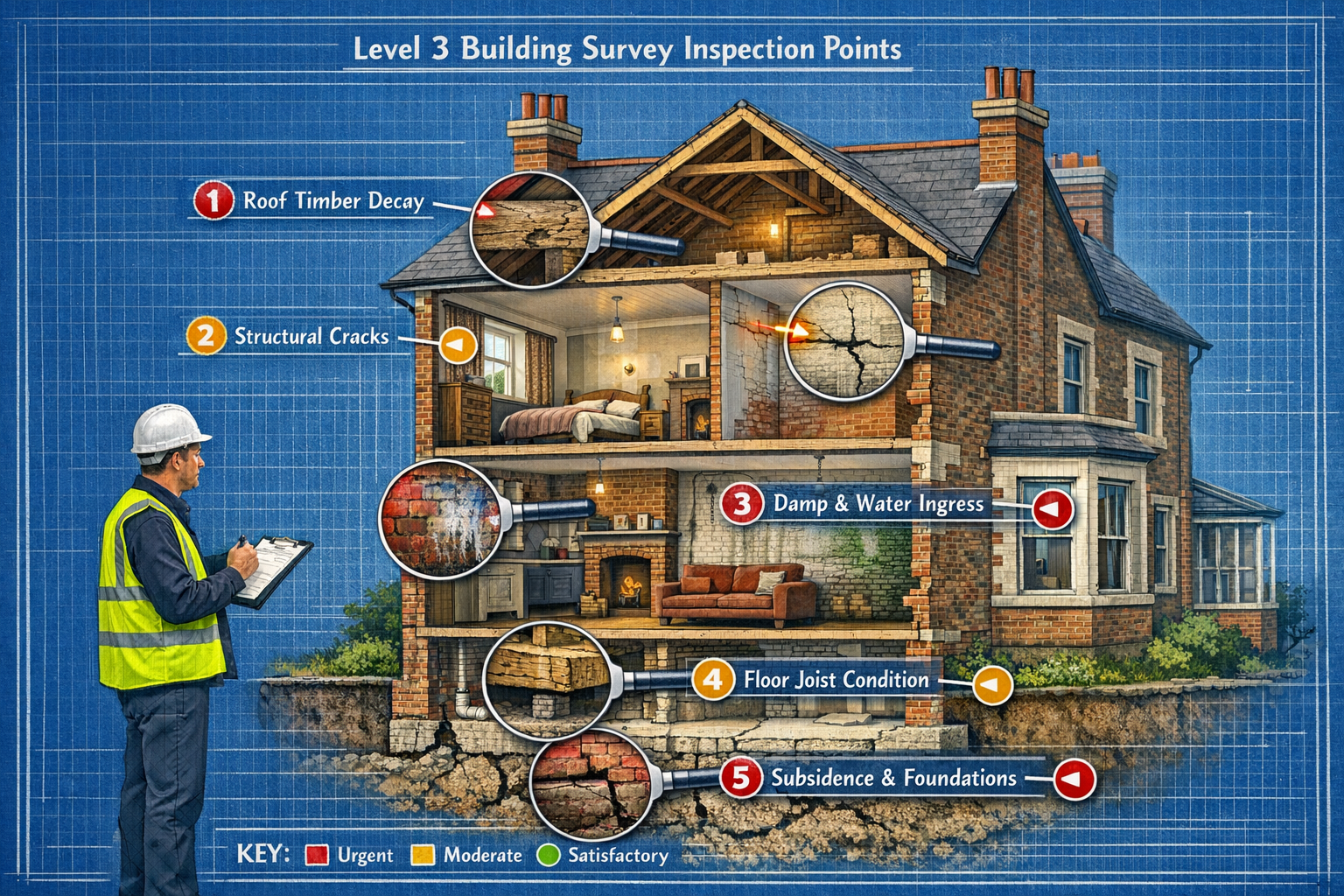() detailed cutaway architectural illustration of a UK period property showing comprehensive Level 3 Building Survey