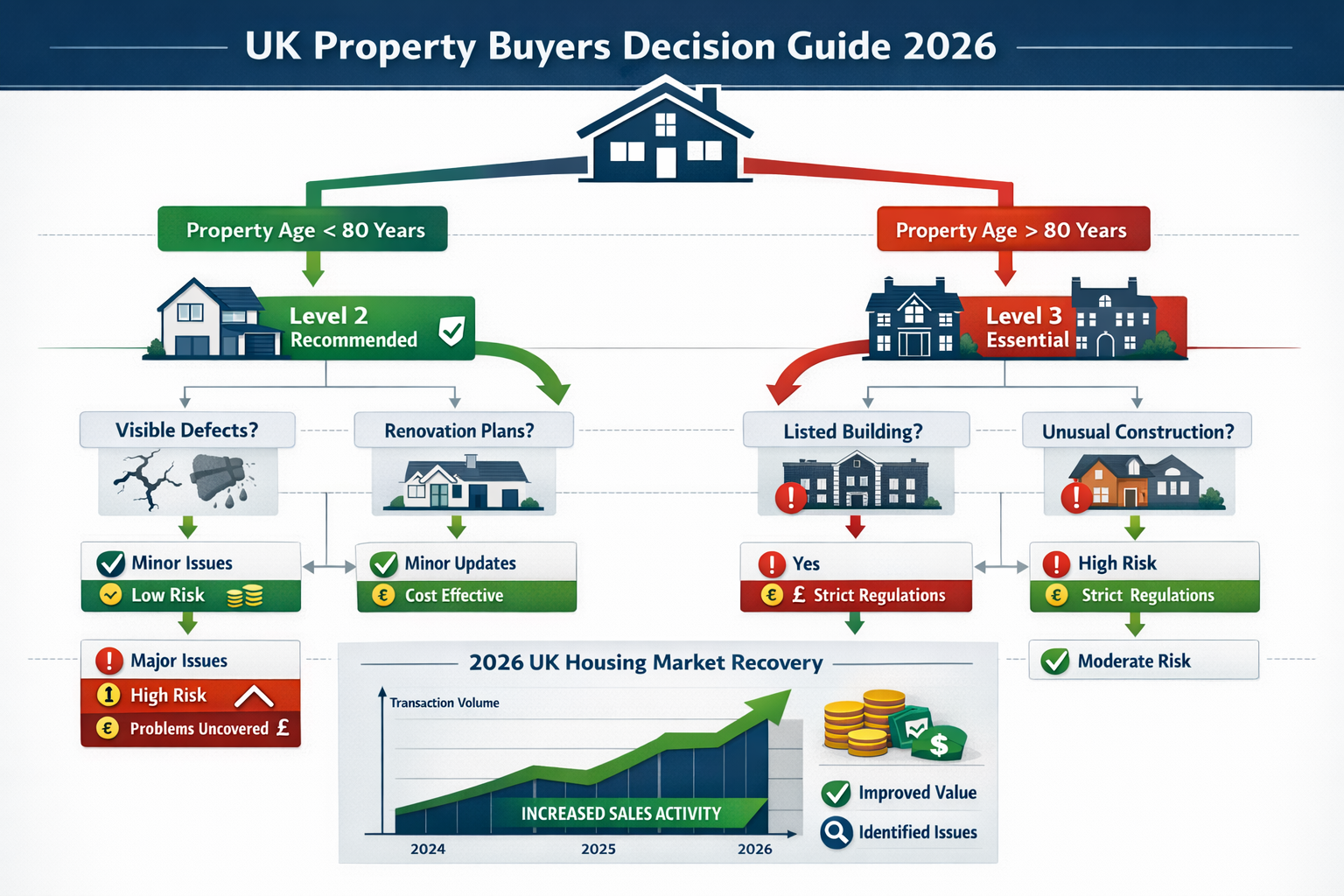 () professional decision-making flowchart visualization for UK property buyers in 2026 market conditions. Central decision