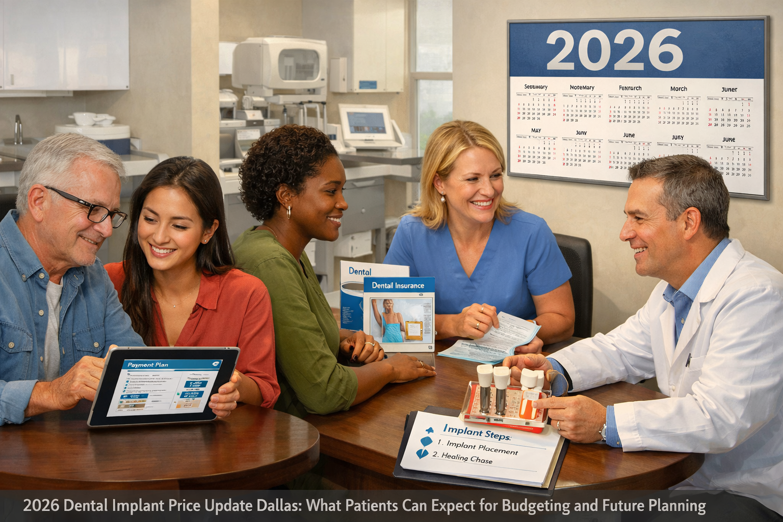 Detailed () image depicting a diverse group of patients consulting with a friendly, including a patient reviewing a