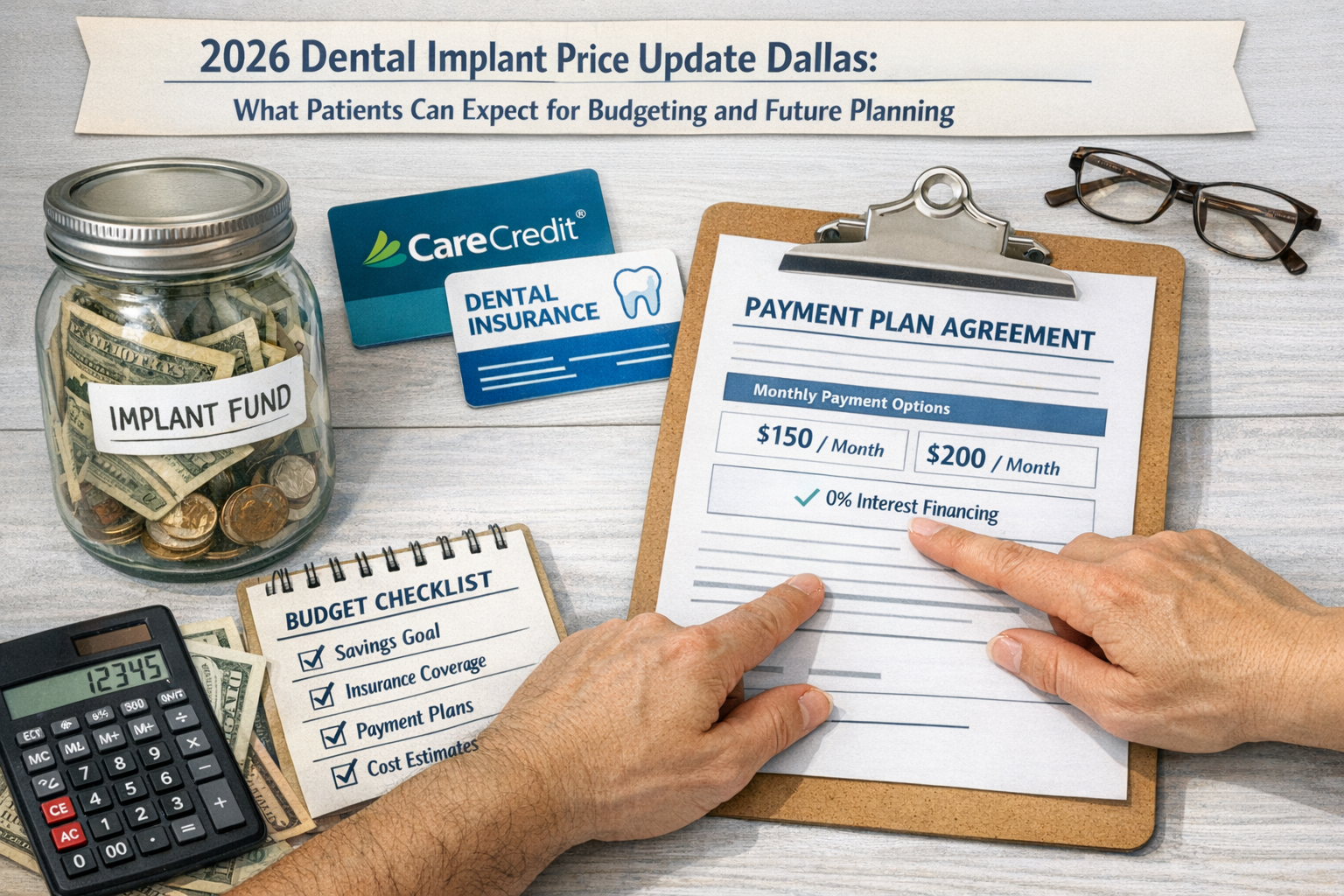 Detailed () image illustrating various financial planning tools and options for dental implants. This could include a visual