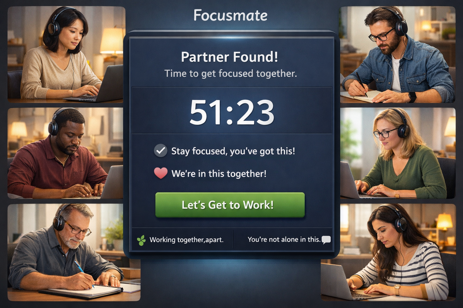 A digital illustration of a virtual co-working space interface, showing multiple small video call windows of diverse individuals working sil