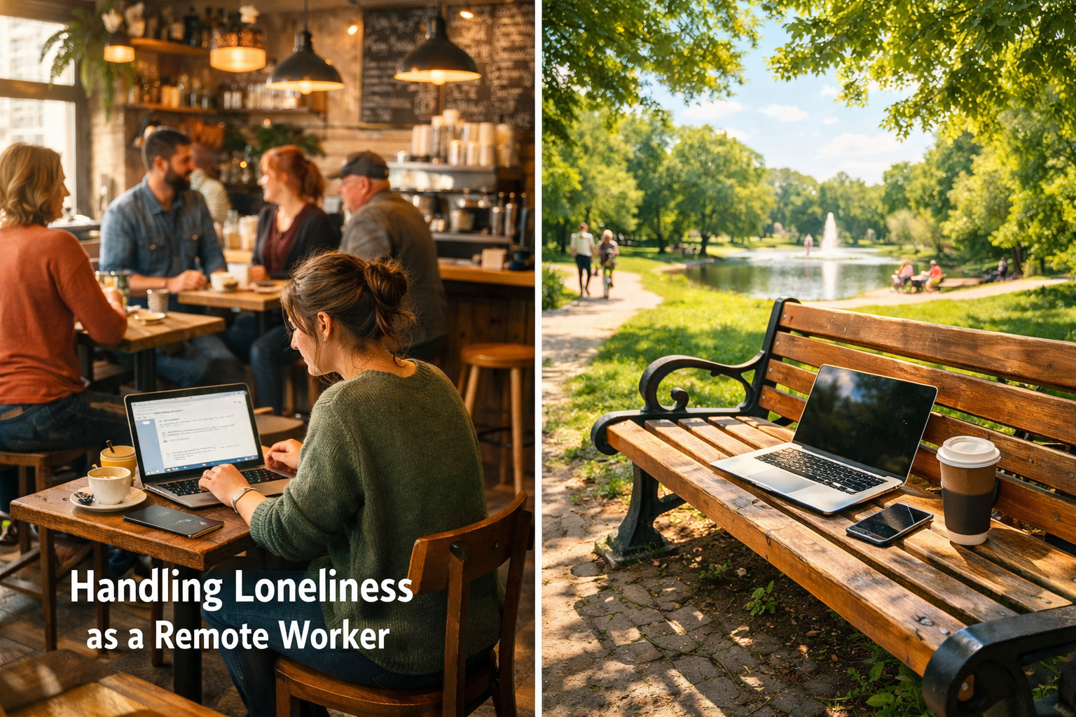 A split-composition image: one side shows a cozy, inviting coffee shop interior with natural light, a person working on a laptop at a table,