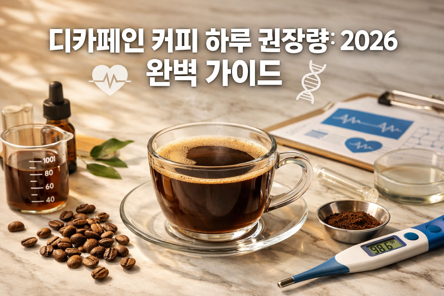 Professional landscape hero image (1536x1024) featuring bold Korean text overlay '디카페인 커피 하루 권장량: 2026 완벽 가이드' in extra large 72pt white san