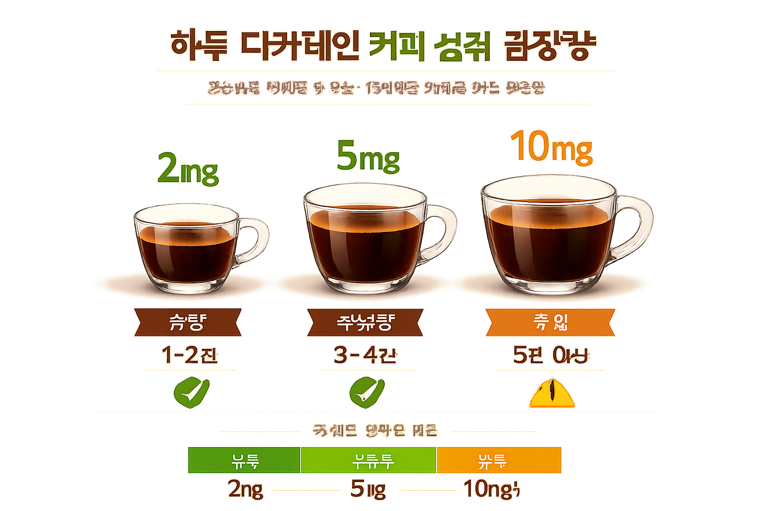 Detailed infographic illustration showing daily decaf coffee consumption limits with visual comparison chart, Korean text labels, transparen