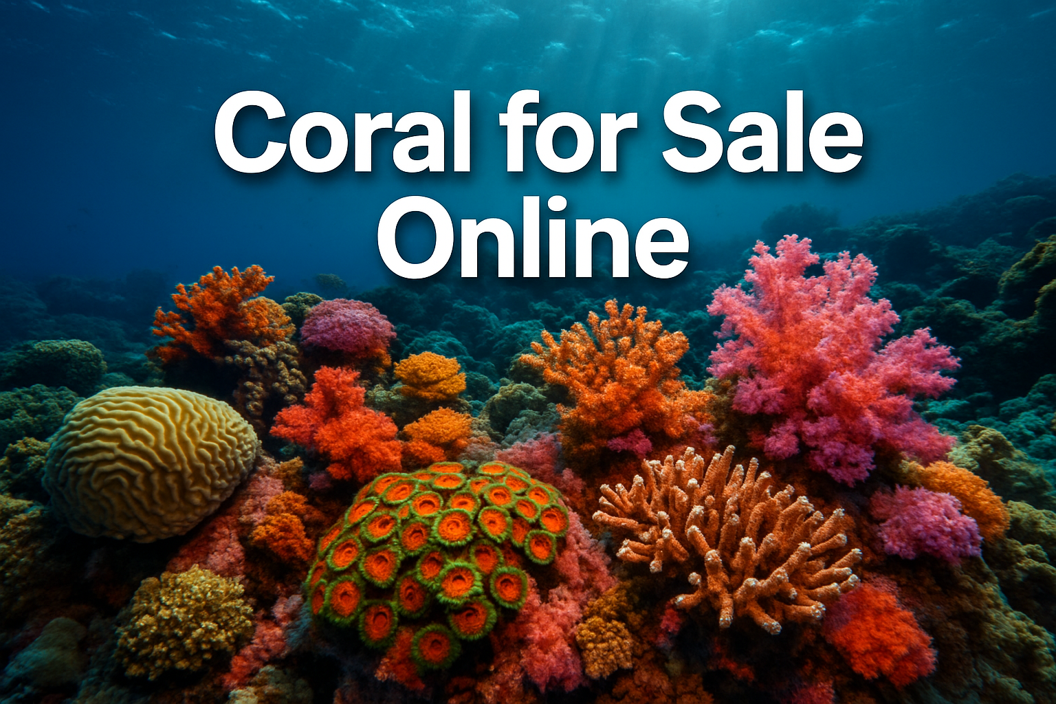 Professional landscape hero image (1536x1024) featuring vibrant coral reef ecosystem with colorful hard and soft corals including brain cora