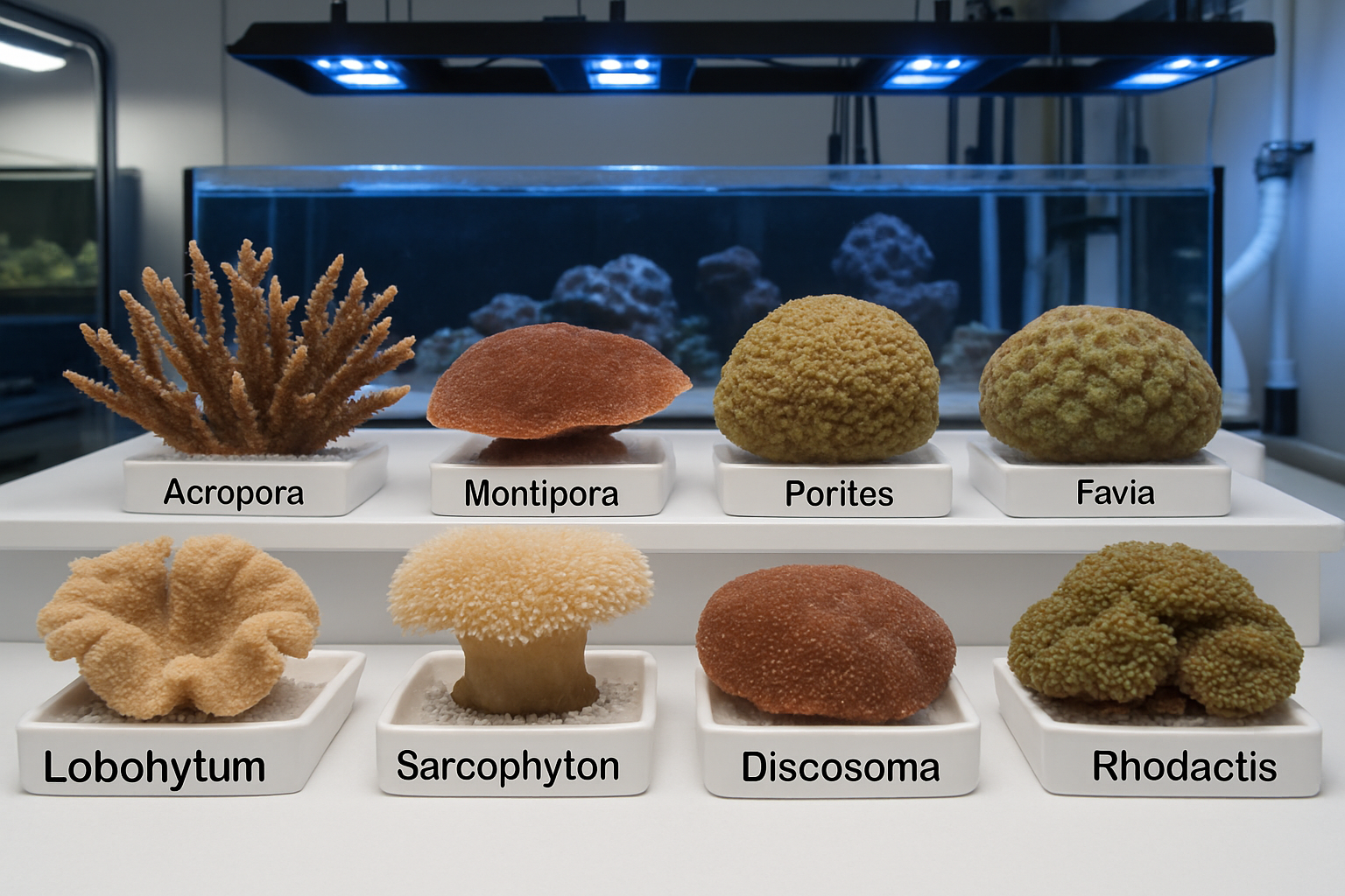 Detailed landscape image (1536x1024) showing various types of marine corals arranged in an educational display format. Features hard corals 