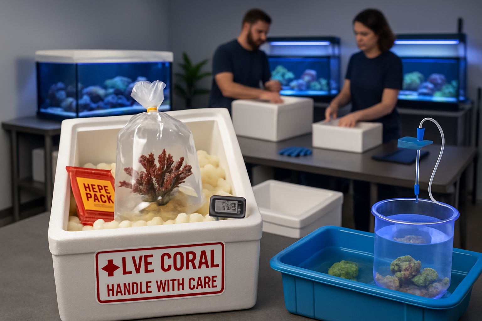Comprehensive landscape image (1536x1024) depicting secure shipping process for live coral specimens. Shows insulated shipping boxes with co