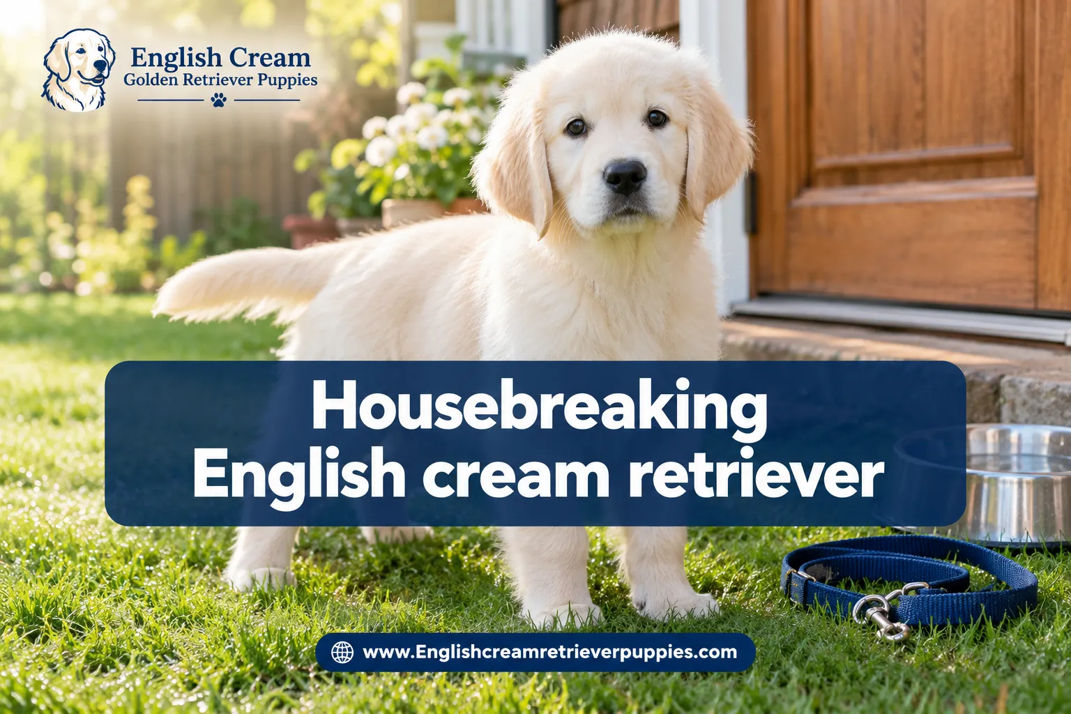 Professional () editorial hero image with SHORT reading exactly 'Housebreaking English cream retriever' in crisp white