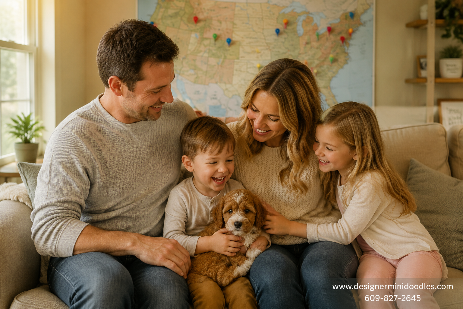 () warm lifestyle photo of a happy family in their living room with a small mini doodle puppy on a young child's lap. The