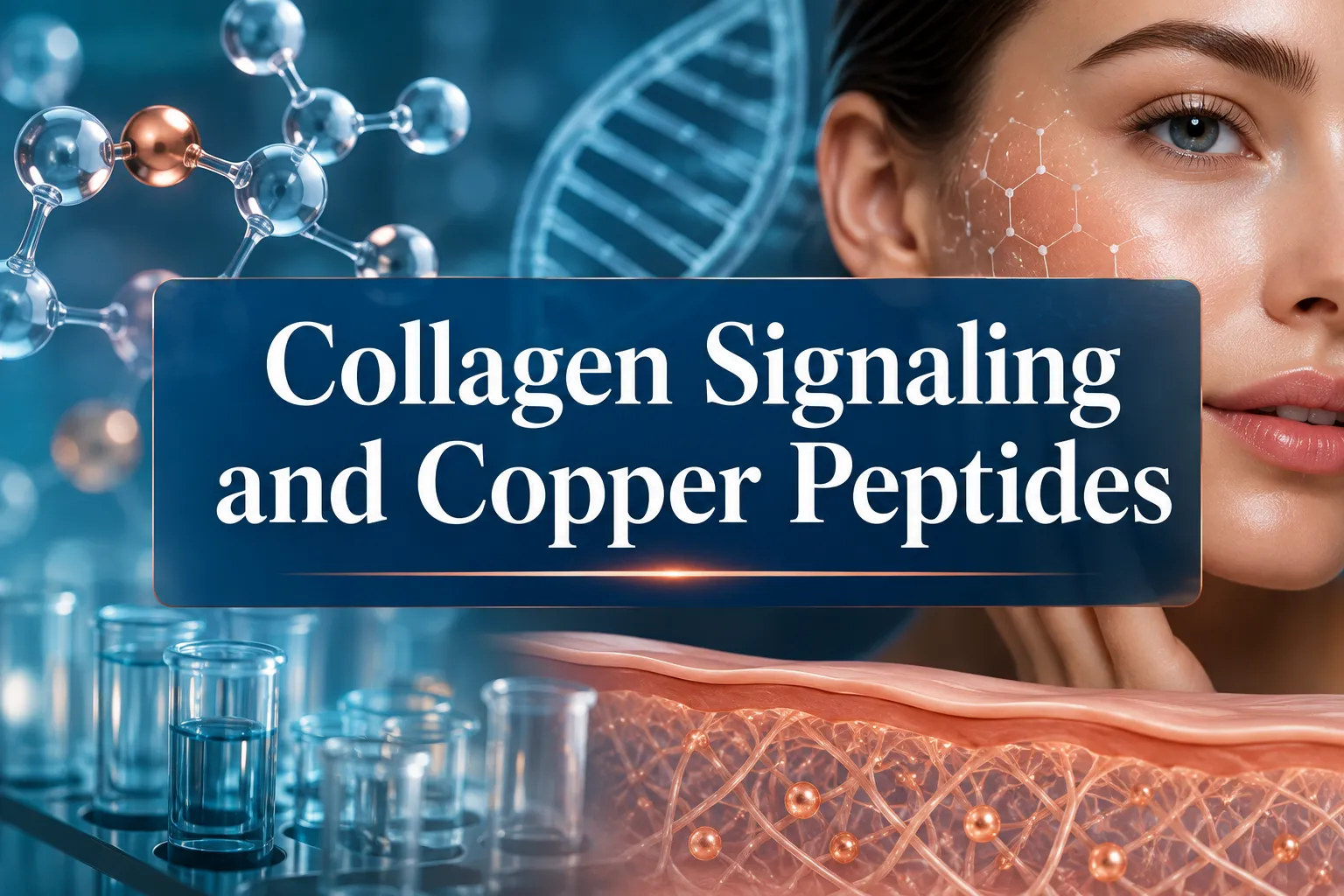 Professional landscape hero image () with a reading "Collagen Signaling and Copper Peptides". CRITICAL TYPOGRAPHY RULES: