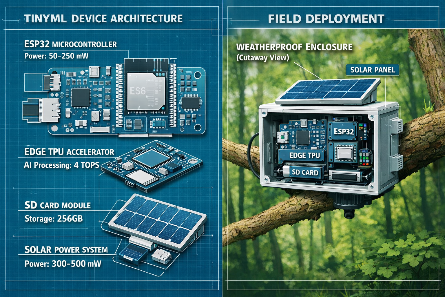 () detailed technical diagram showing TinyML device architecture with labeled components: microcontroller board (ESP32),