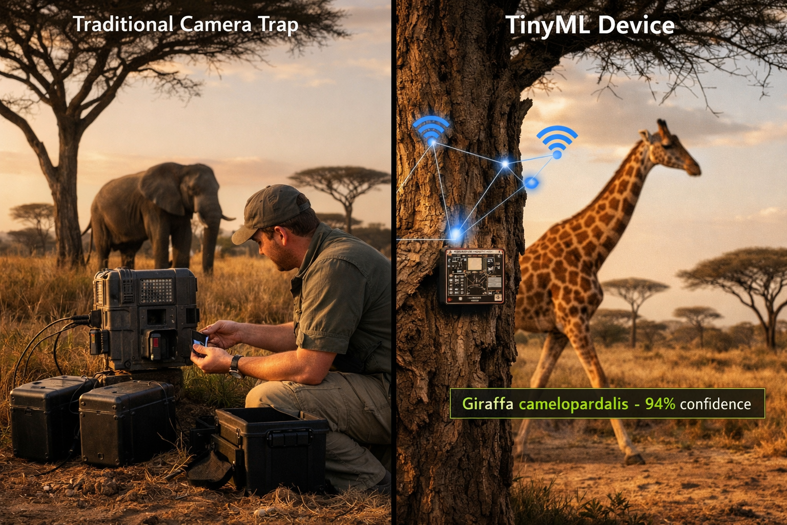 () split comparison image showing two wildlife monitoring scenarios side-by-side. Left panel: traditional camera trap with