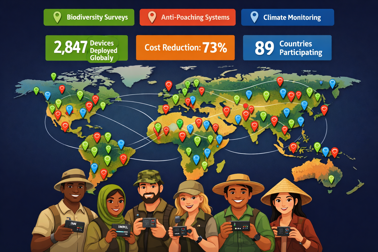 () world map infographic showing TinyML deployment locations across five continents with color-coded pins indicating project