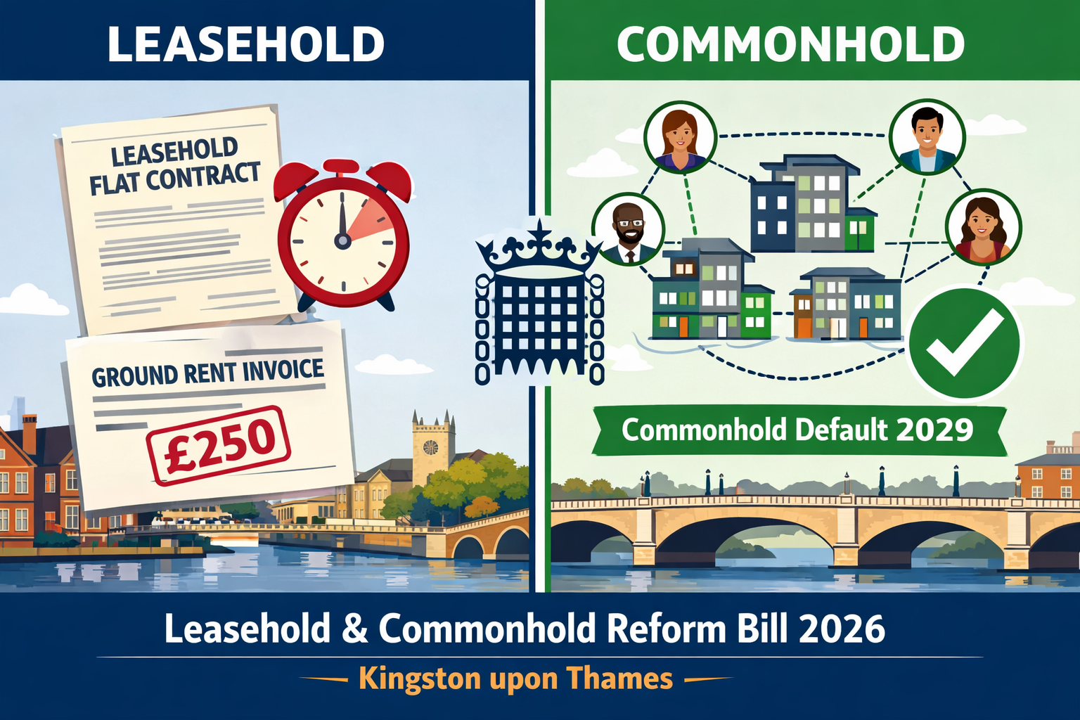 Detailed () editorial infographic illustration showing a split-screen comparison: left side depicts a traditional leasehold
