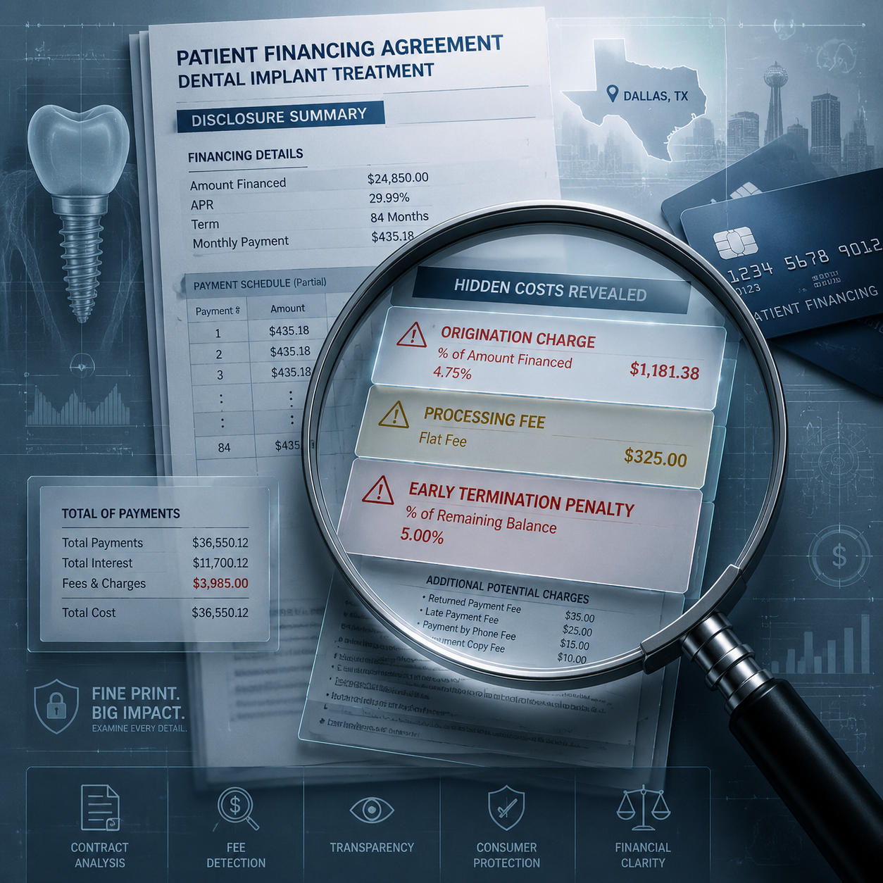 Technical financial breakdown illustration exposing hidden dental implant financing costs in Dallas. Magnifying glass