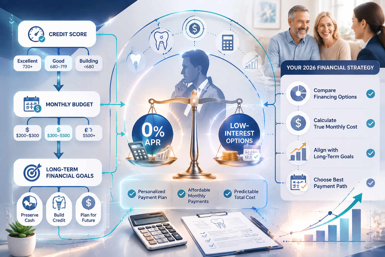Strategic dental implant financing decision matrix for Dallas patients in 2026. Flowchart-style visualization with