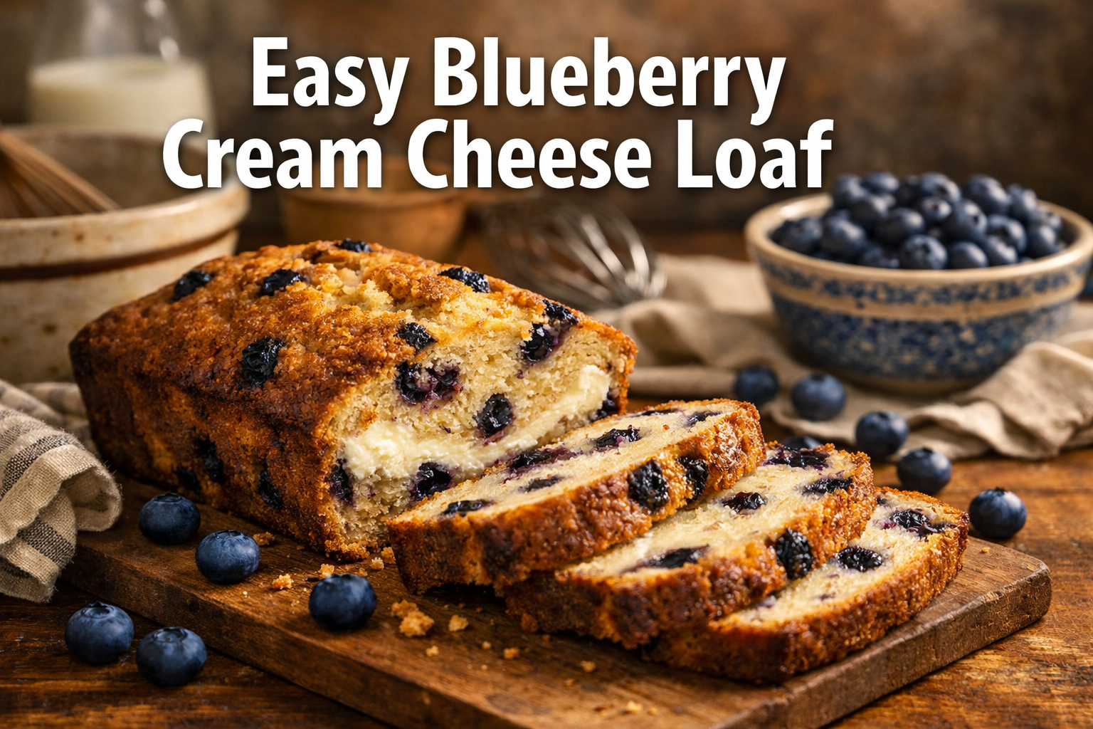 Professional landscape hero image (1536x1024) featuring bold text overlay 'Easy Blueberry Cream Cheese Loaf' in extra large 72pt white sans-