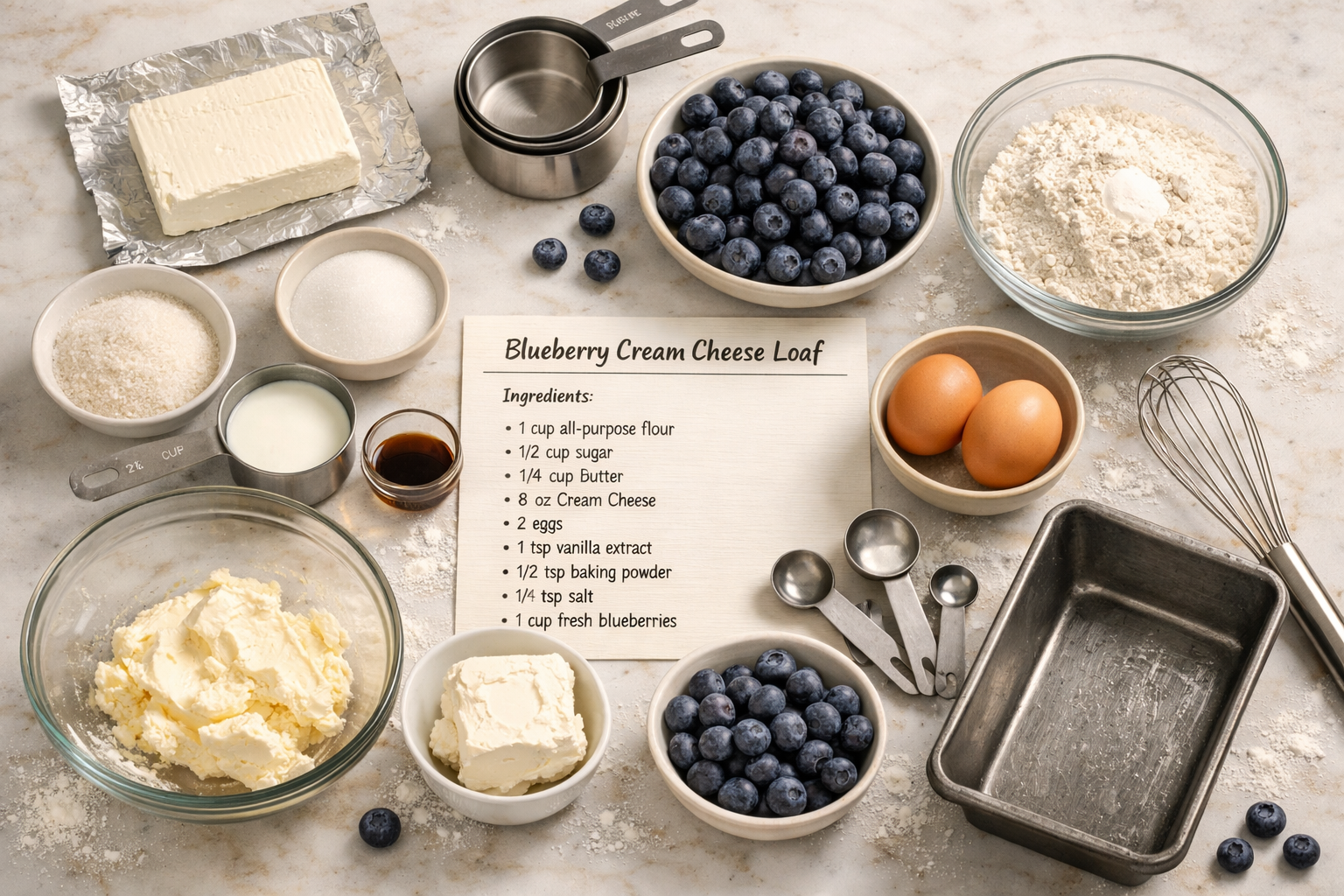 Landscape food photography (1536x1024) showing step-by-step blueberry cream cheese loaf preparation with ingredients laid out on marble coun