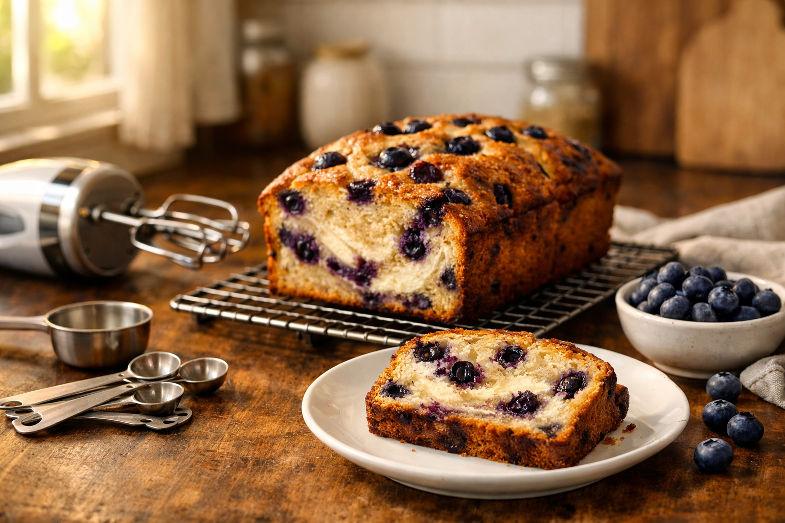 Landscape kitchen scene (1536x1024) displaying golden-brown baked blueberry cream cheese loaf cooling on wire rack, with one perfect slice o