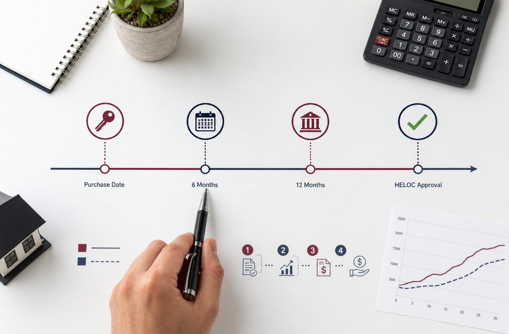 () editorial illustration showing a timeline graphic on a clean white surface &mdash; a horizontal line with milestone markers
