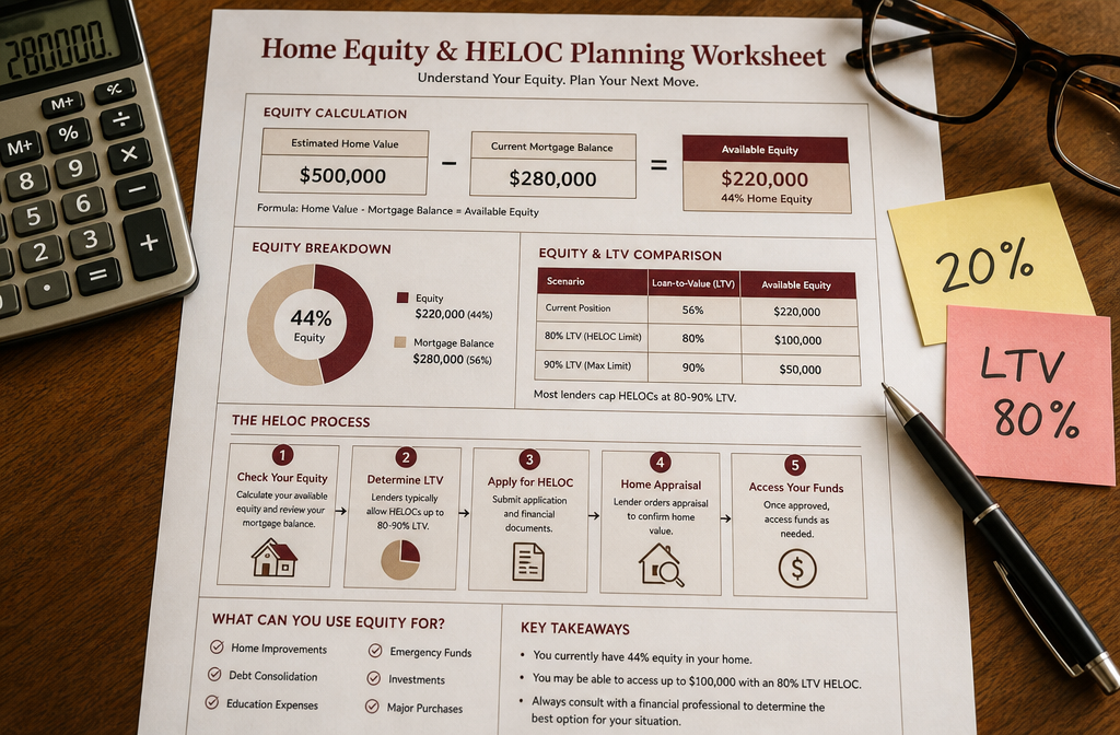 () close-up overhead shot of a financial worksheet on a wooden desk showing equity calculations &mdash; home value minus mortgage