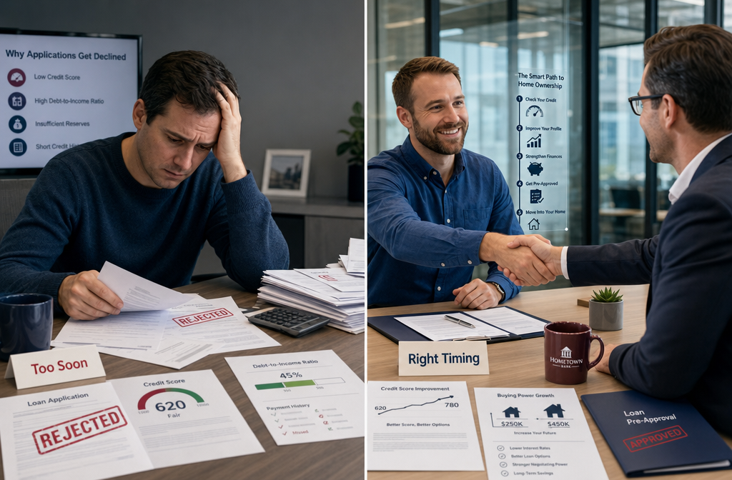 () split-composition image showing two contrasting scenes side by side: on the left, a stressed homeowner at a desk with