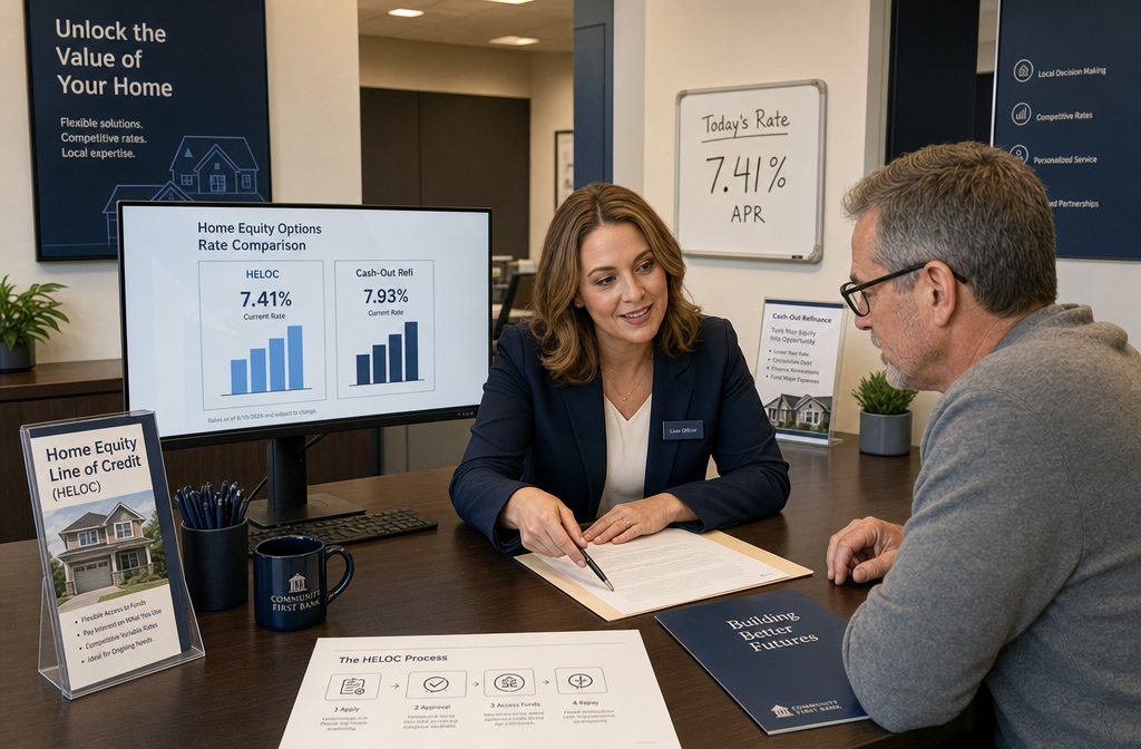 () wide-angle shot of a modern bank branch interior with a loan officer and client seated across a desk reviewing HELOC