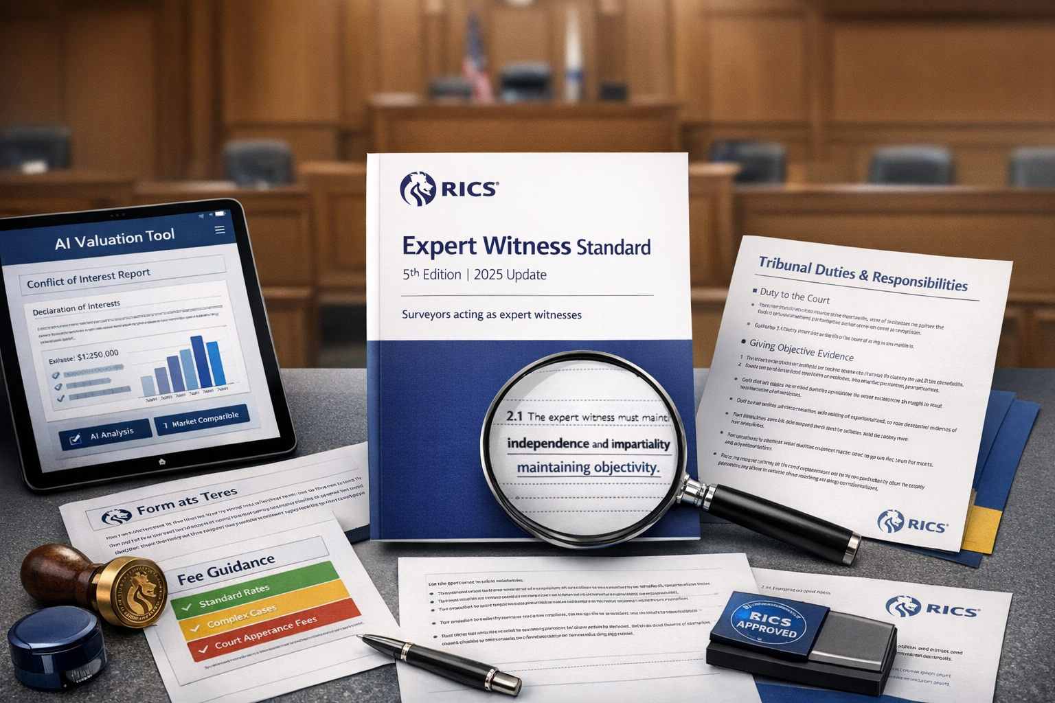 Detailed landscape format (1536x1024) image showing RICS professional standards documentation for expert witness protocols spread across mod