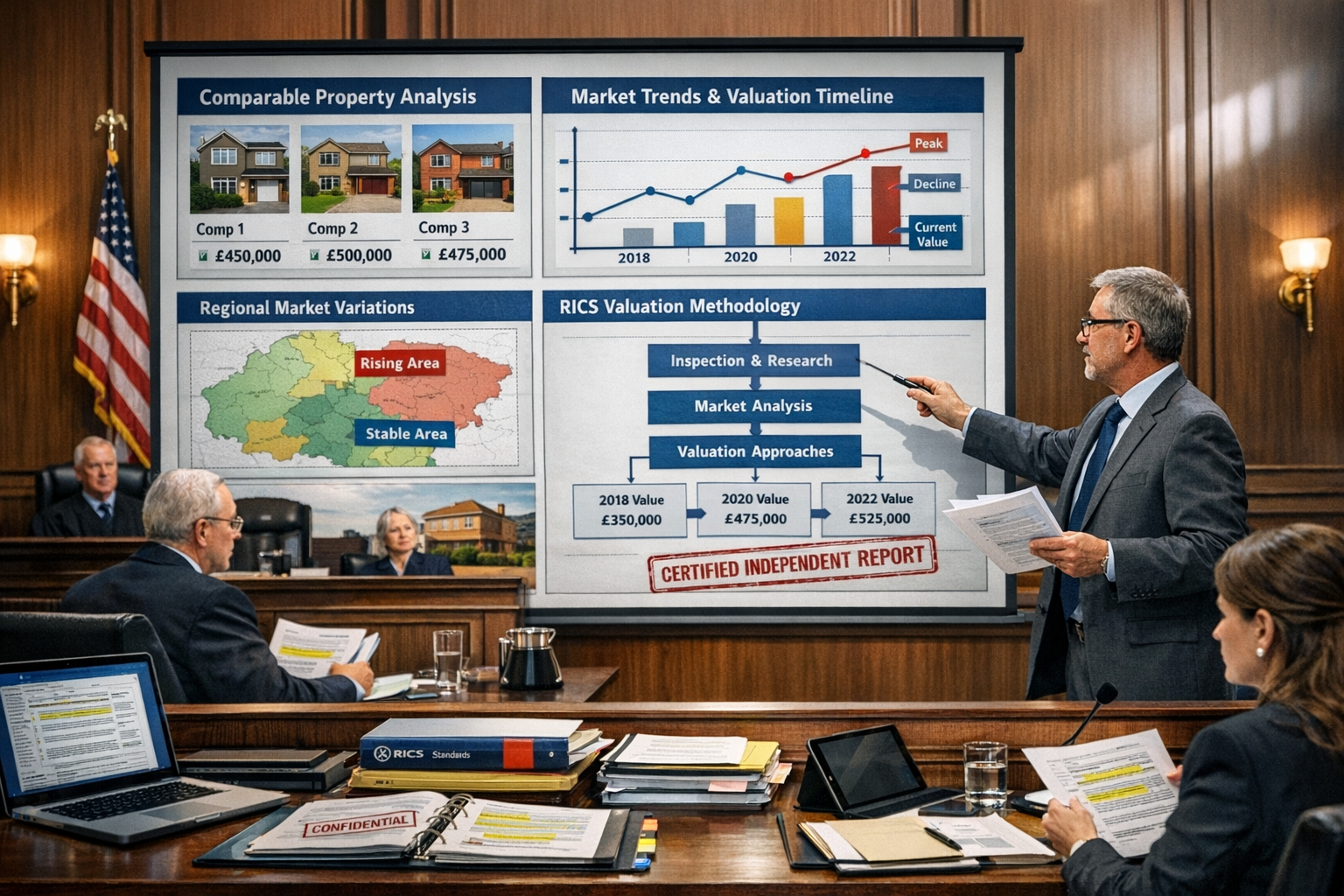 Detailed landscape format (1536x1024) courtroom evidence presentation scene showing expert witness surveyor presenting valuation dispute cas