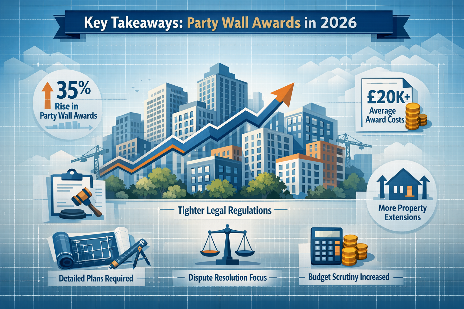 Infographic-style landscape visualization representing 'Key Takeaways' for Party Wall Awards in 2026, featuring a modern,