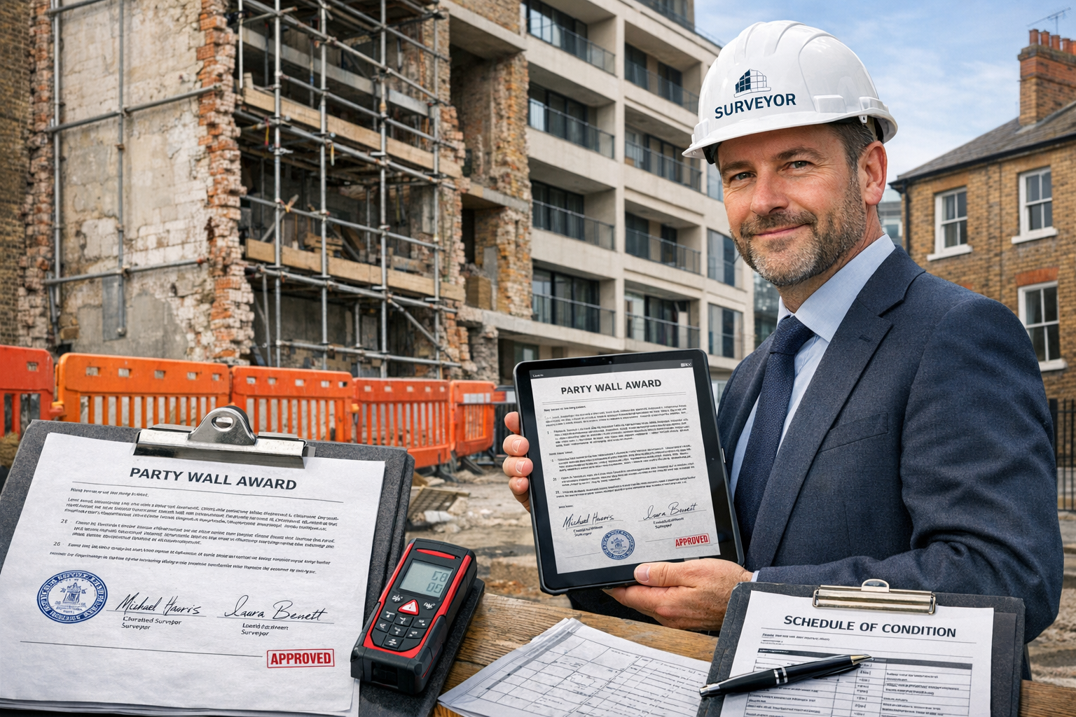 Detailed () photograph-style image of professional party wall surveyor in business attire conducting inspection at