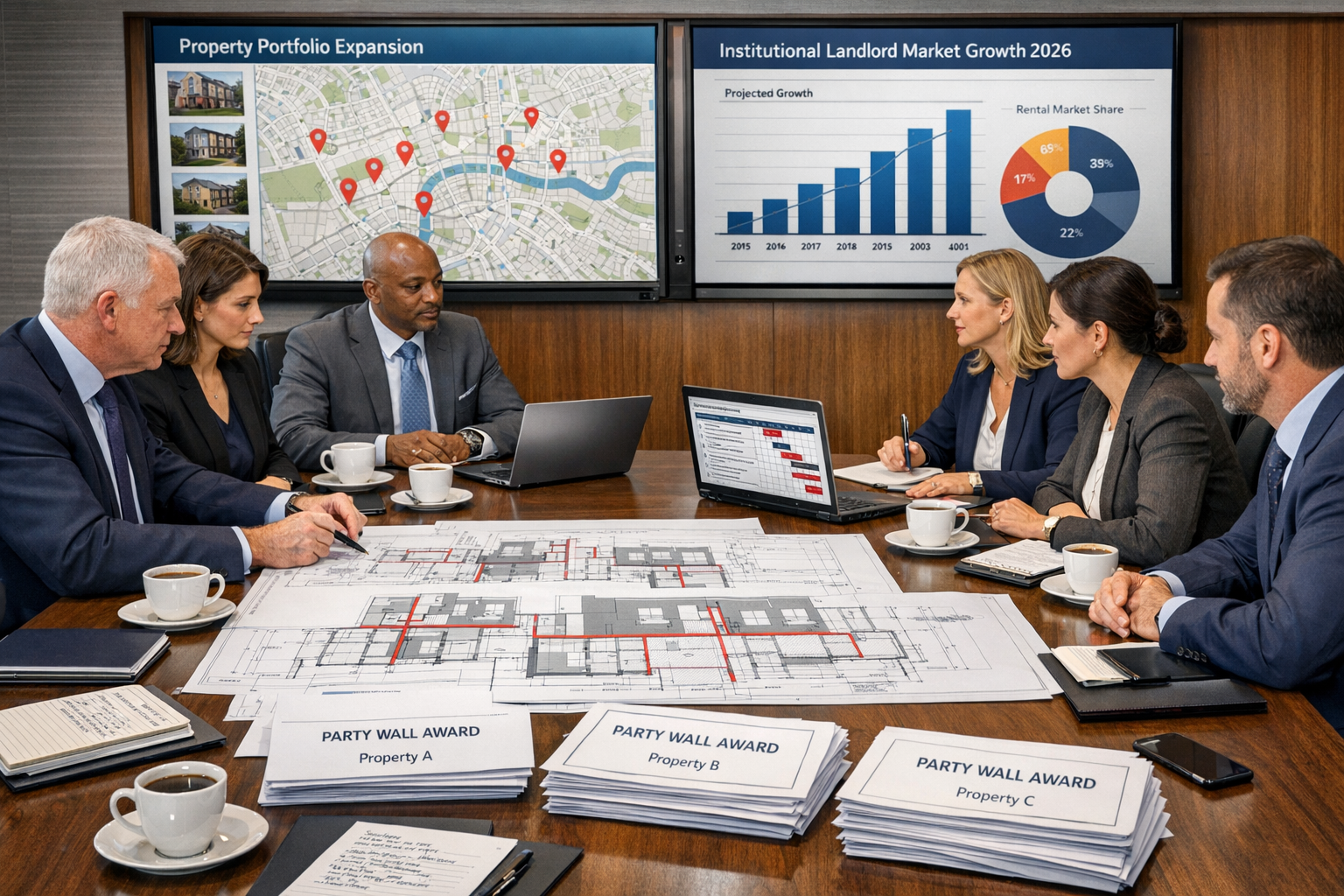 Detailed () corporate boardroom scene showing institutional landlord portfolio meeting with multiple professionals reviewing