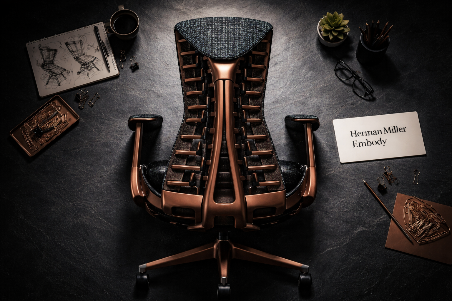 Herman Miller Embody chair Herman Miller Embody chair displayed in a creative overhead flat-lay composition on a dark slate surface, showing the distinctive pixelated backrest pattern and copper-toned frame, 'Herman Miller Embody' text card placed beside it, dramatic top-down studio lighting revealing unique spine-like back structure detail.